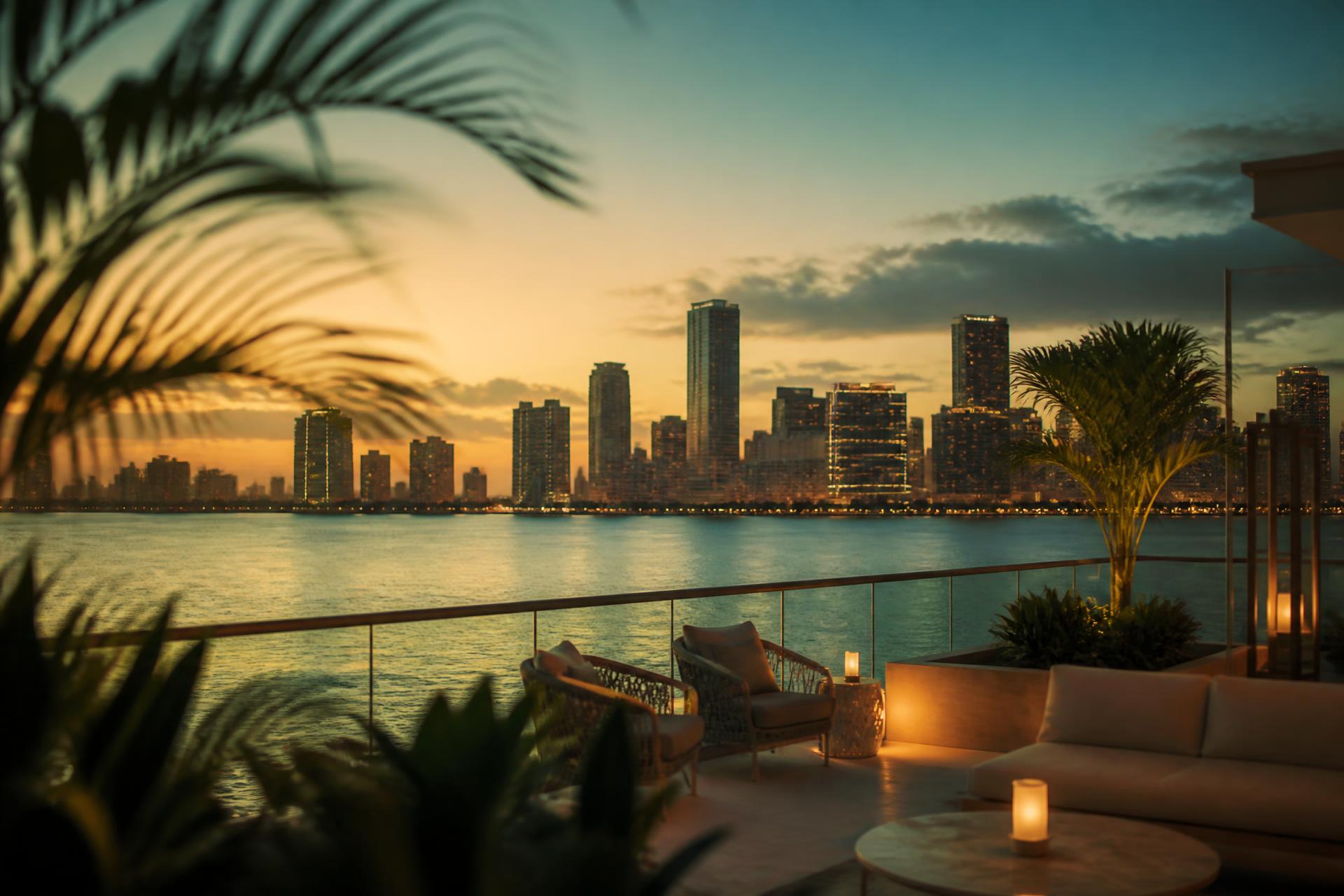 Miami skyline at dusk seen from a private hotel terrace